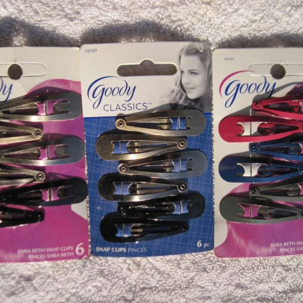 6 Goody Sara Beth Metal Contour Hair Snap Clips Brushed Metal Painted Pink Blue